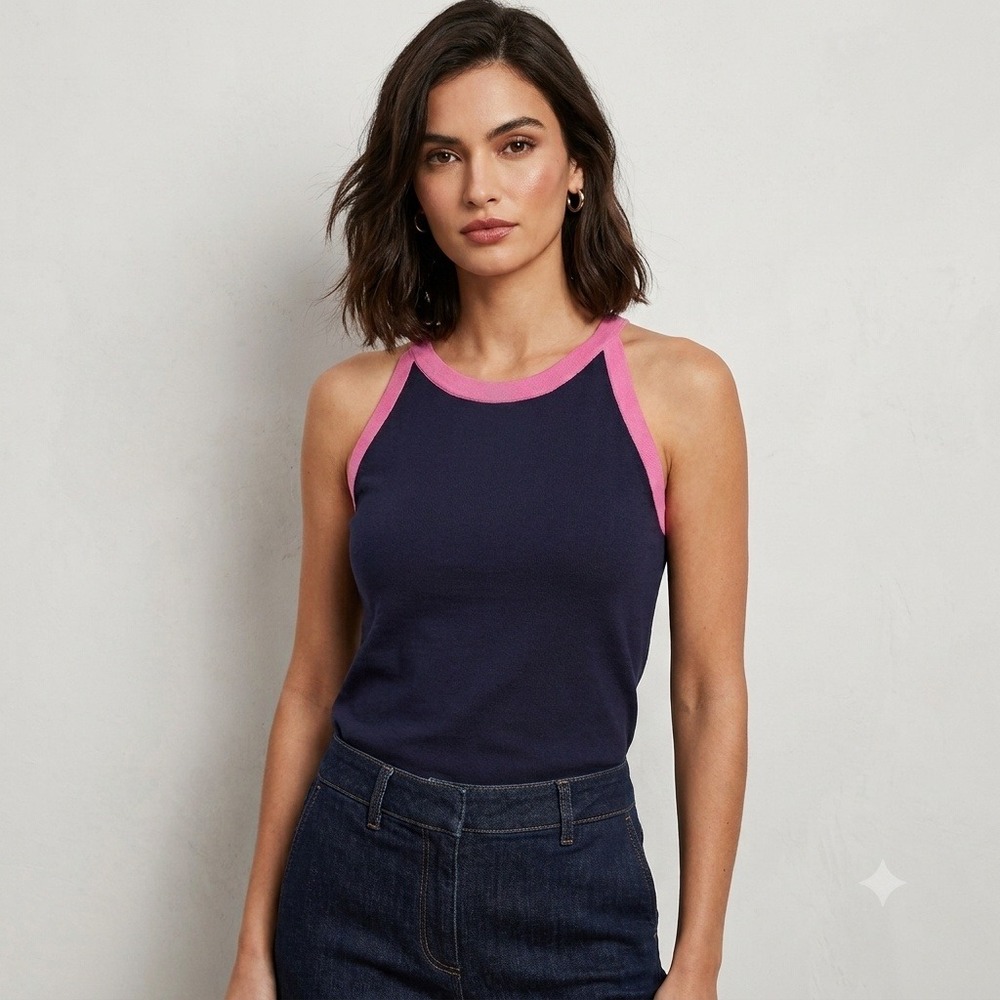 NWT Banana Republic Ringer Tank Top Cotton Blend Navy Blue Pink Medium